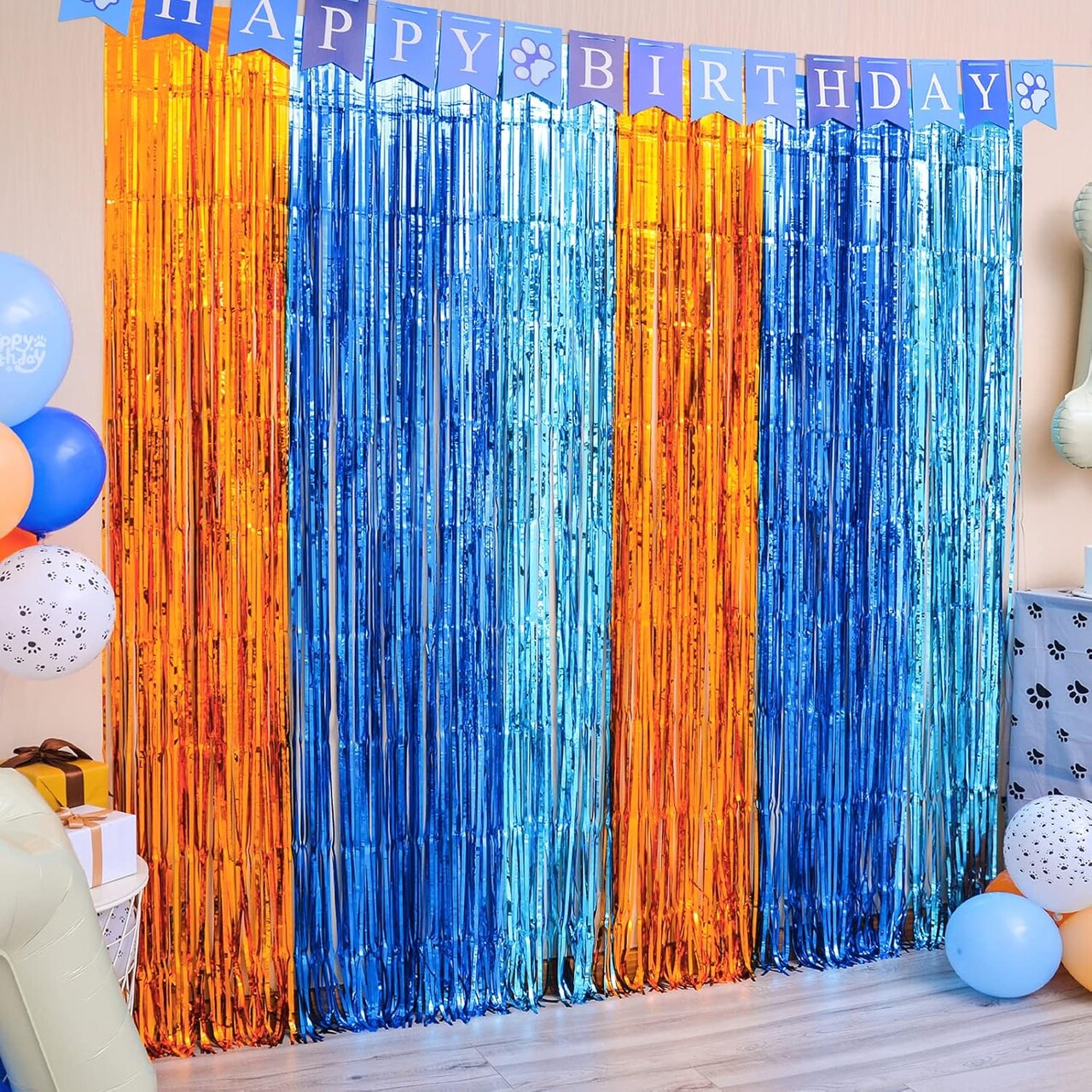 2-Pack Orange & Light Blue Foil Fringe Curtains 3.3x6.6ft Birthday Party Backdrop